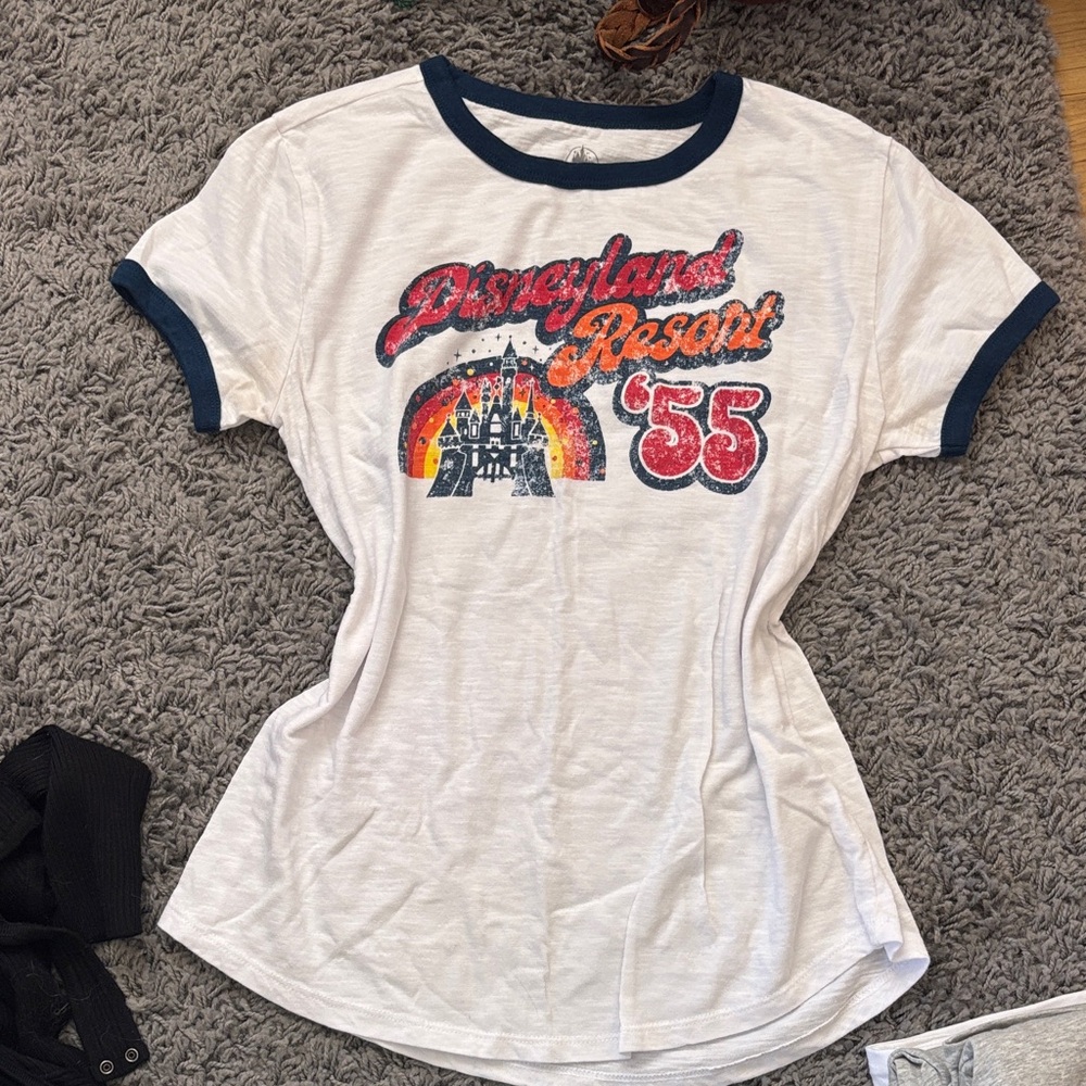 Disney Parks White Tee with Navy Ringer Collar
